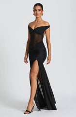 Sylarine – Bardot dress with sheer details and a slit