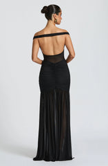 Sylarine – Bardot dress with sheer details and a slit