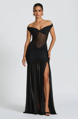 Sylarine – Bardot dress with sheer details and a slit