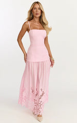 Everly Maxi Dress - Straight Neck Broderie Cut Out Hem Dress in Pink